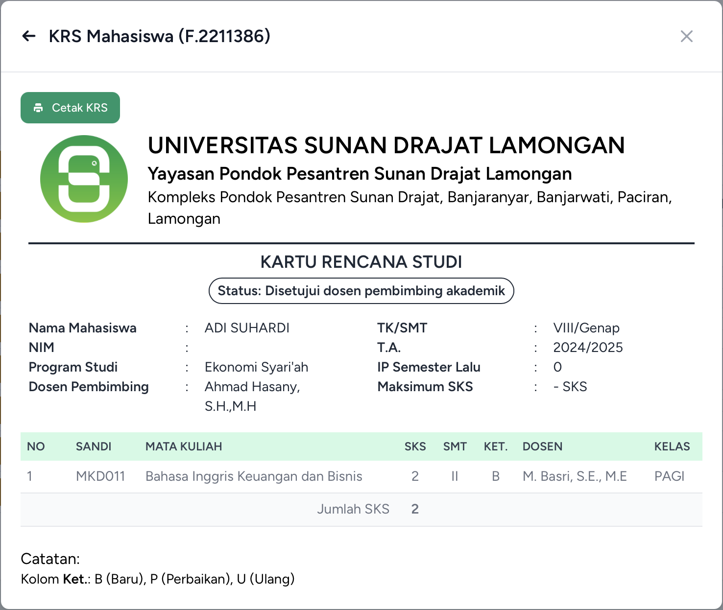 KRS Berhasil Disimpan